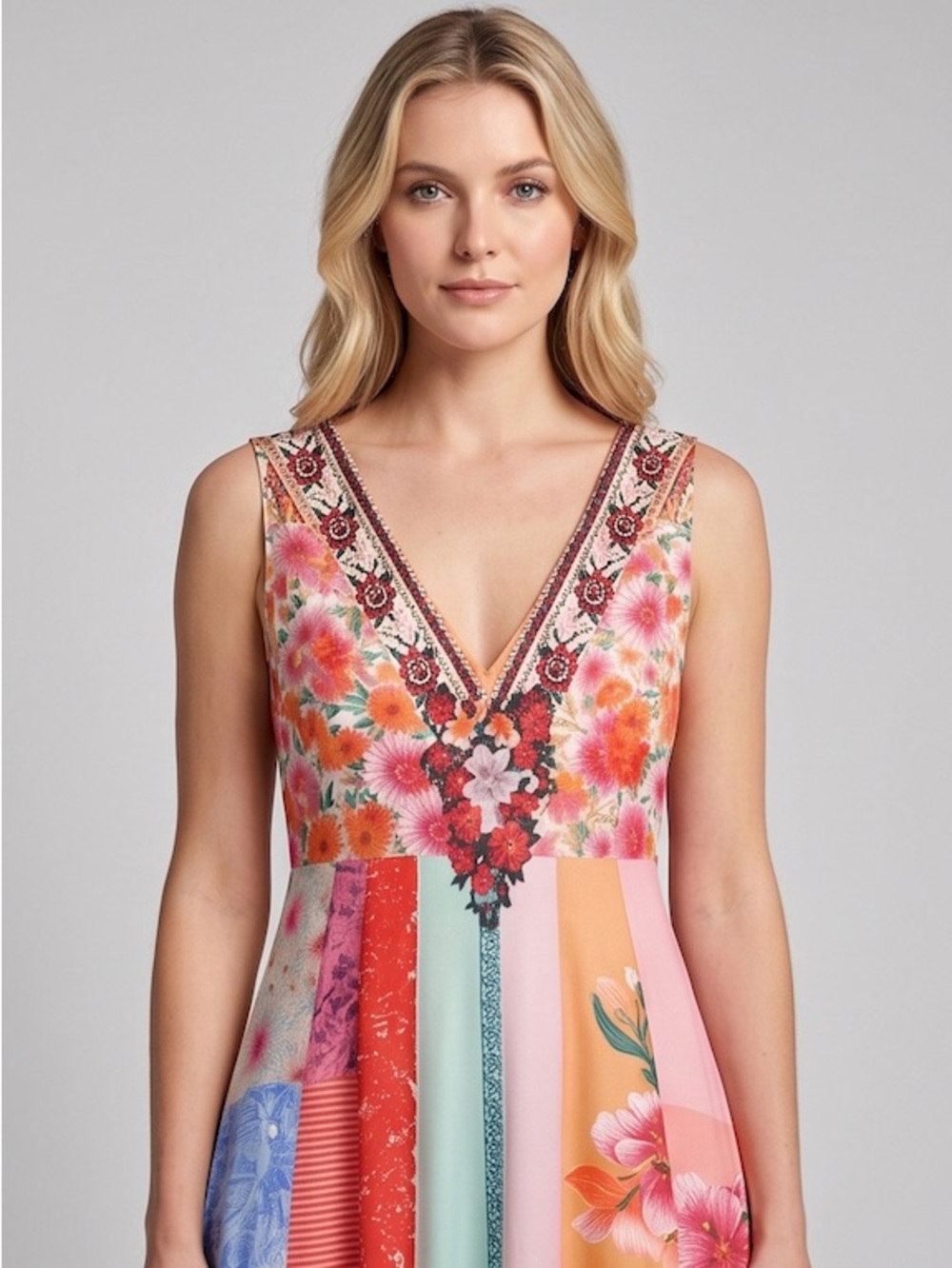 Boho Patchwork Floral V-Neck Maxi Resort Dress - Picture 2 of 7